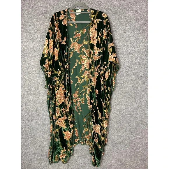 Natural Life Green Floral Velvet Kimono Cardigan Wrap Duster One Size - Picture 1 of 9